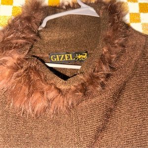 Chocolate brown pullover with fur bits on sleeve and collar
